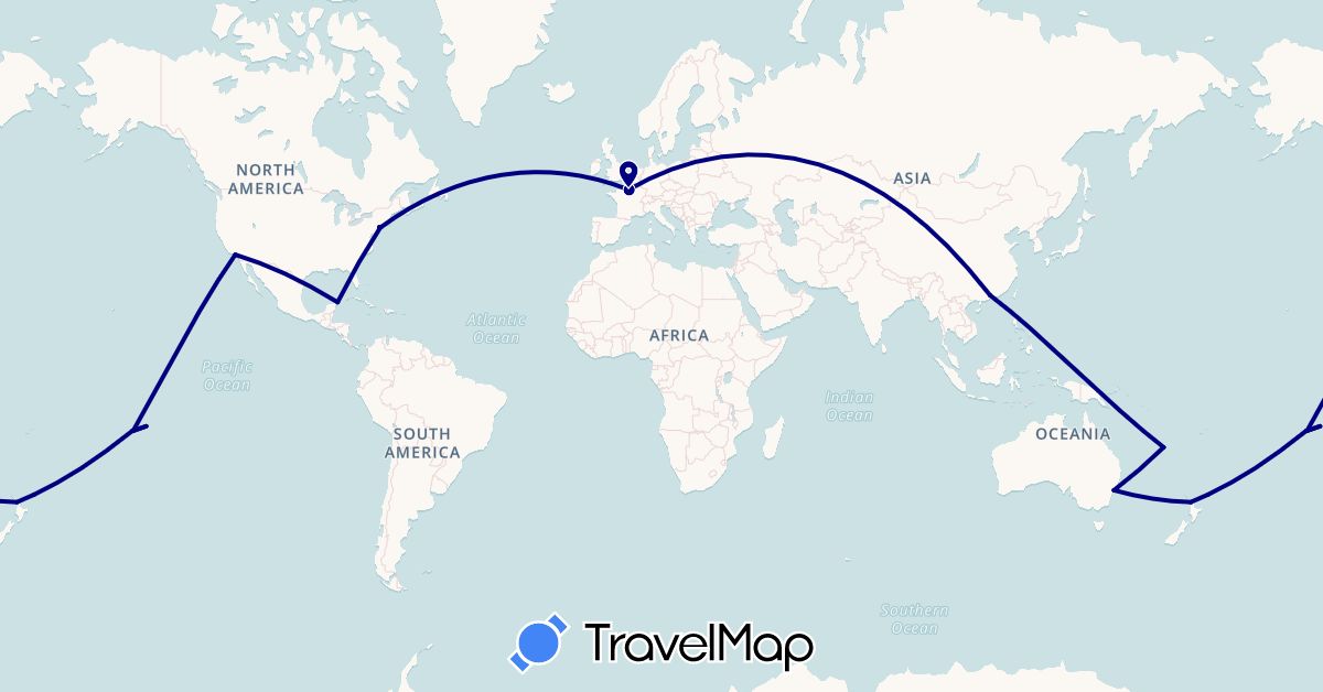 TravelMap itinerary: driving in Australia, China, France, Mexico, New Caledonia, New Zealand, French Polynesia, United States (Asia, Europe, North America, Oceania)